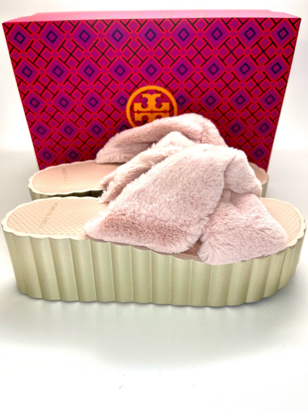Tory Burch Pink & Gold Faux Fur Scallop Platform Slides Sz8